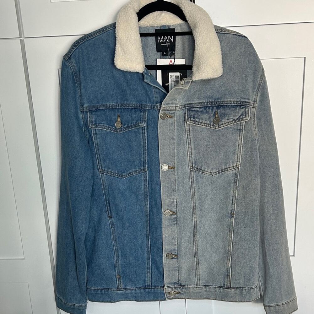BoohooMAN Two Tone Denim Jacket Faux Sherpa Collar Men’s Large NWT